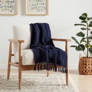 Threshold Cotton Throw Blanket Fringed Edges Navy Blue